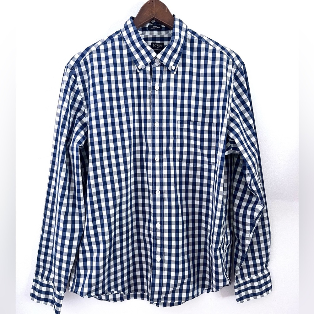 J. Crew Navy and White Gingham Men's Slim UnTucked Performance Size Large Shirt